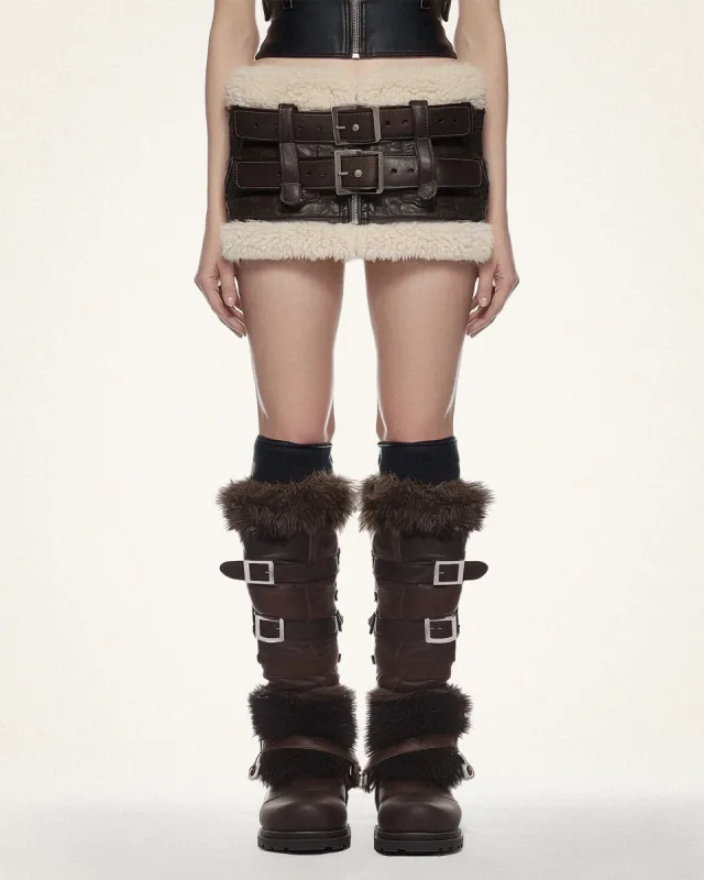 Nina Faux Fur Trimmed Shearling Skirt - Brown sold by JW PEI
