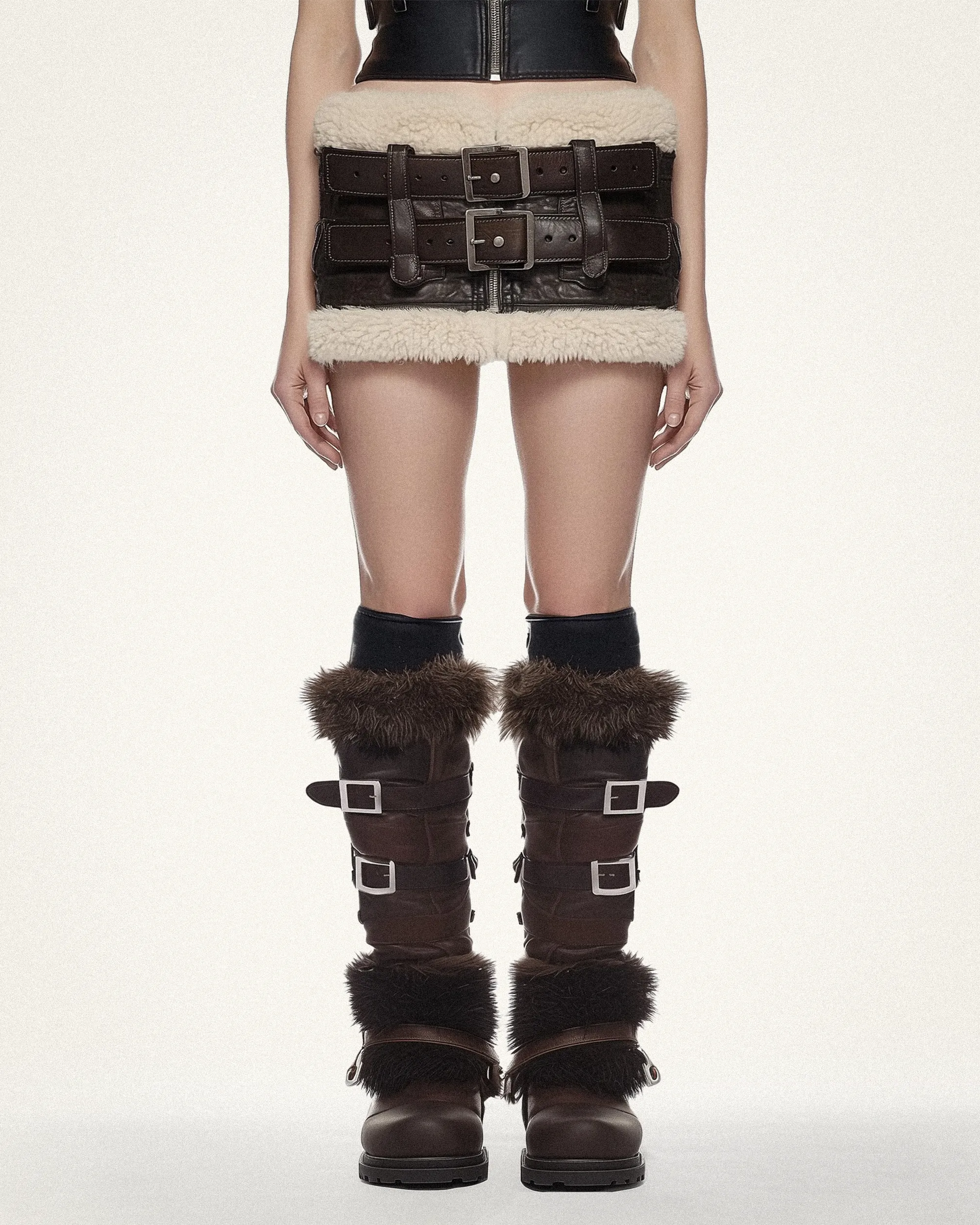 Nina Faux Fur Trimmed Shearling Skirt - Brown sold by JW PEI