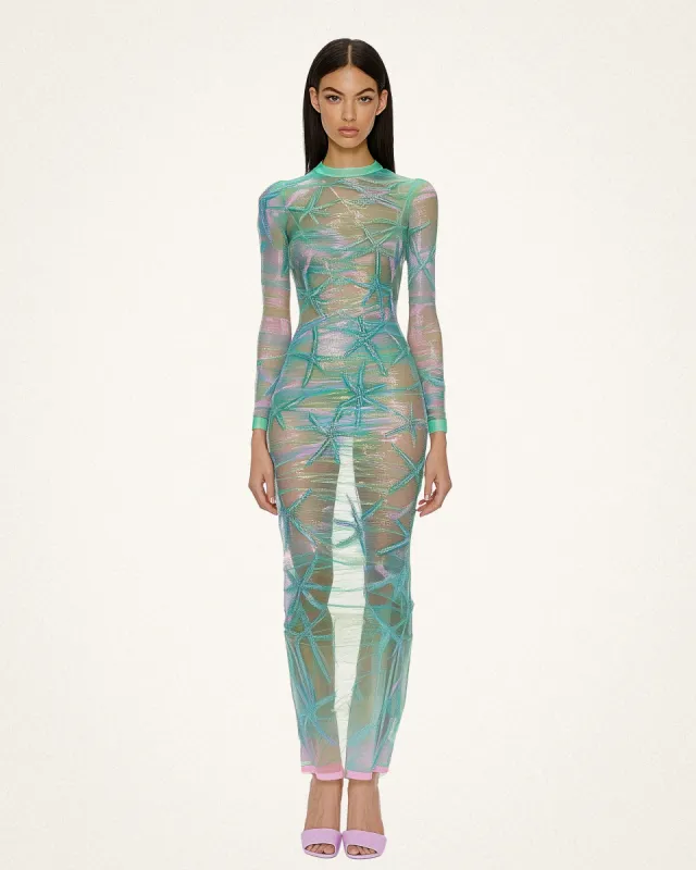 Elara Starfish Mesh Embroidered Dress - Aqua & Pink sold by JW PEI
