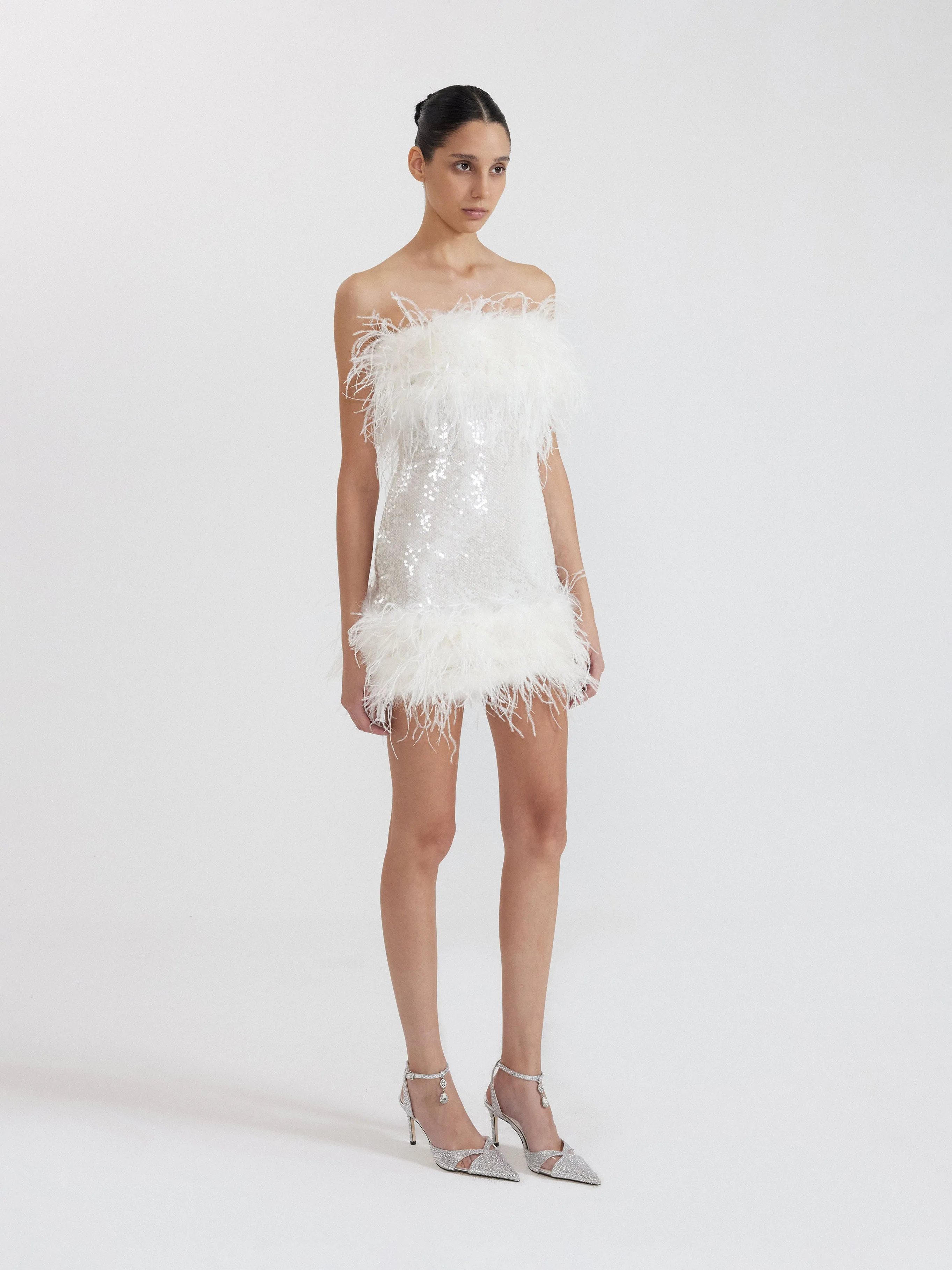 White Strapless Feather Sequin Mini Dress - White sold by JW PEI product image thumbnail 2