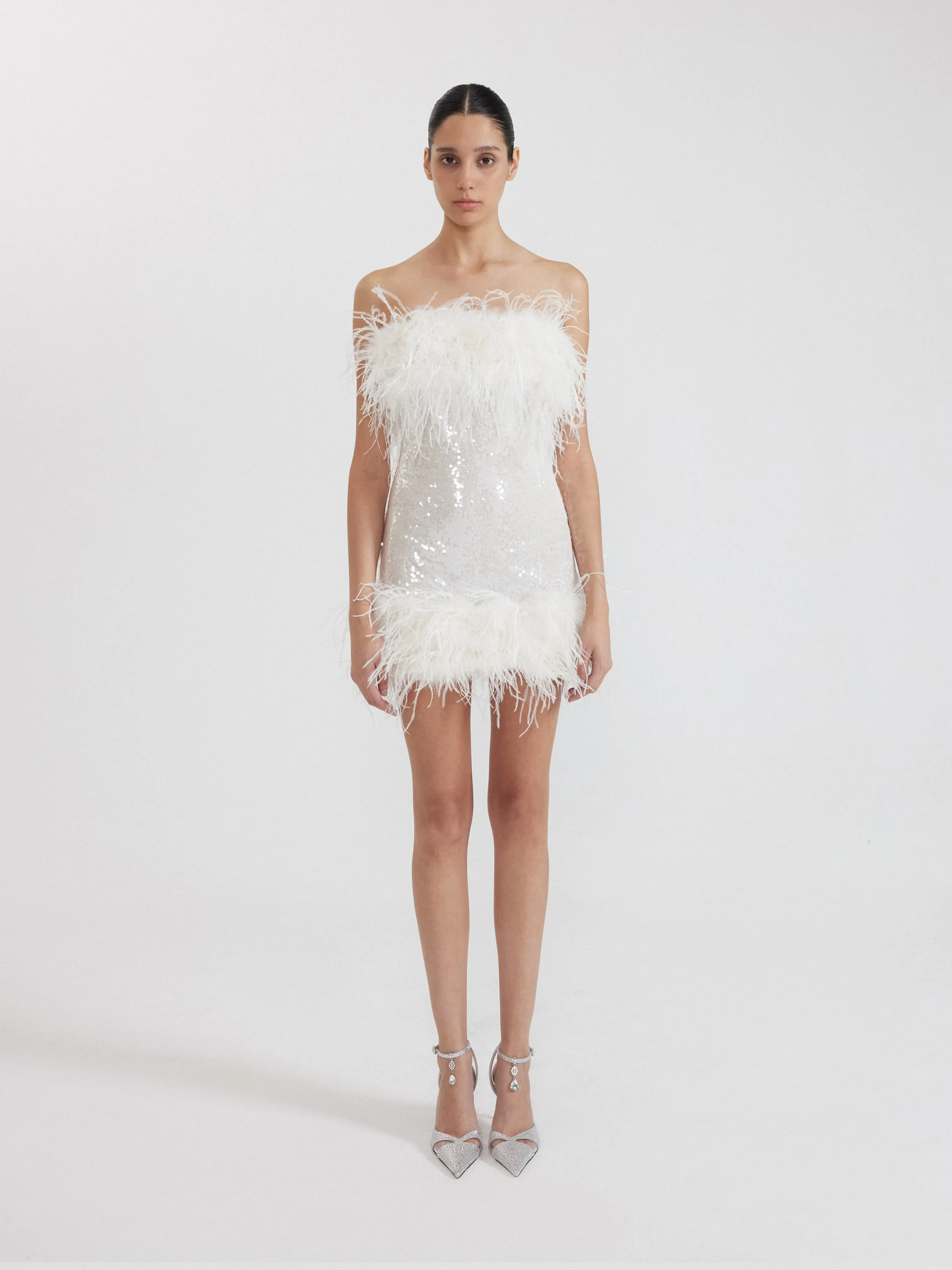 White Strapless Feather Sequin Mini Dress - White sold by JW PEI