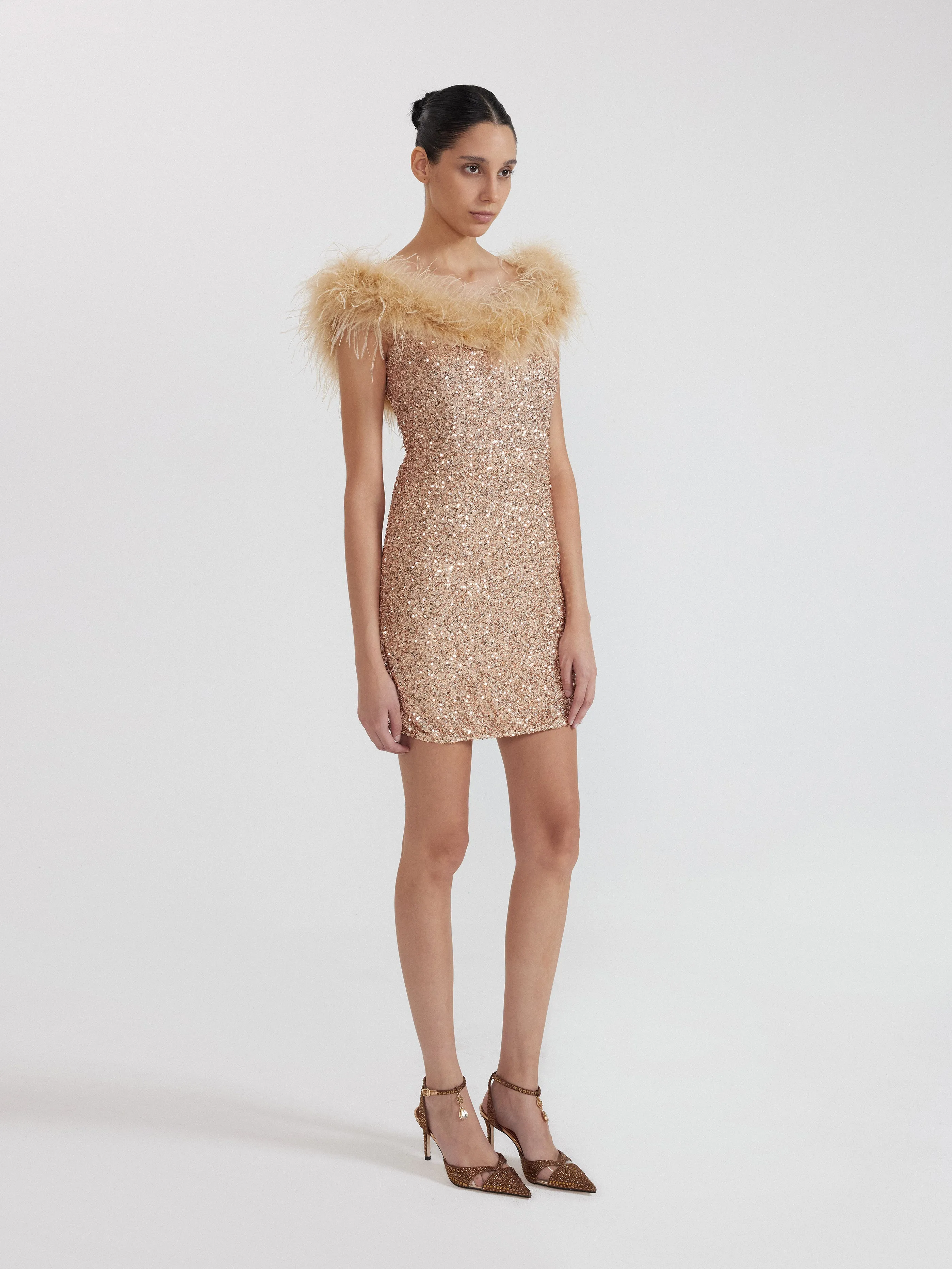 Mini Sequin Dress with Feather Trim - Champagne sold by JW PEI