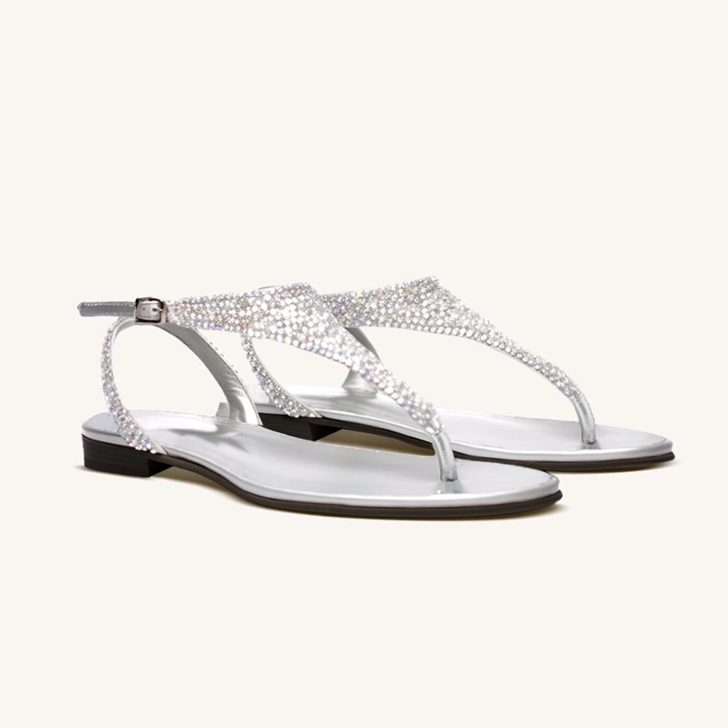 Artificial Crystal Flat Flip Flops - Silver sold by JW PEI