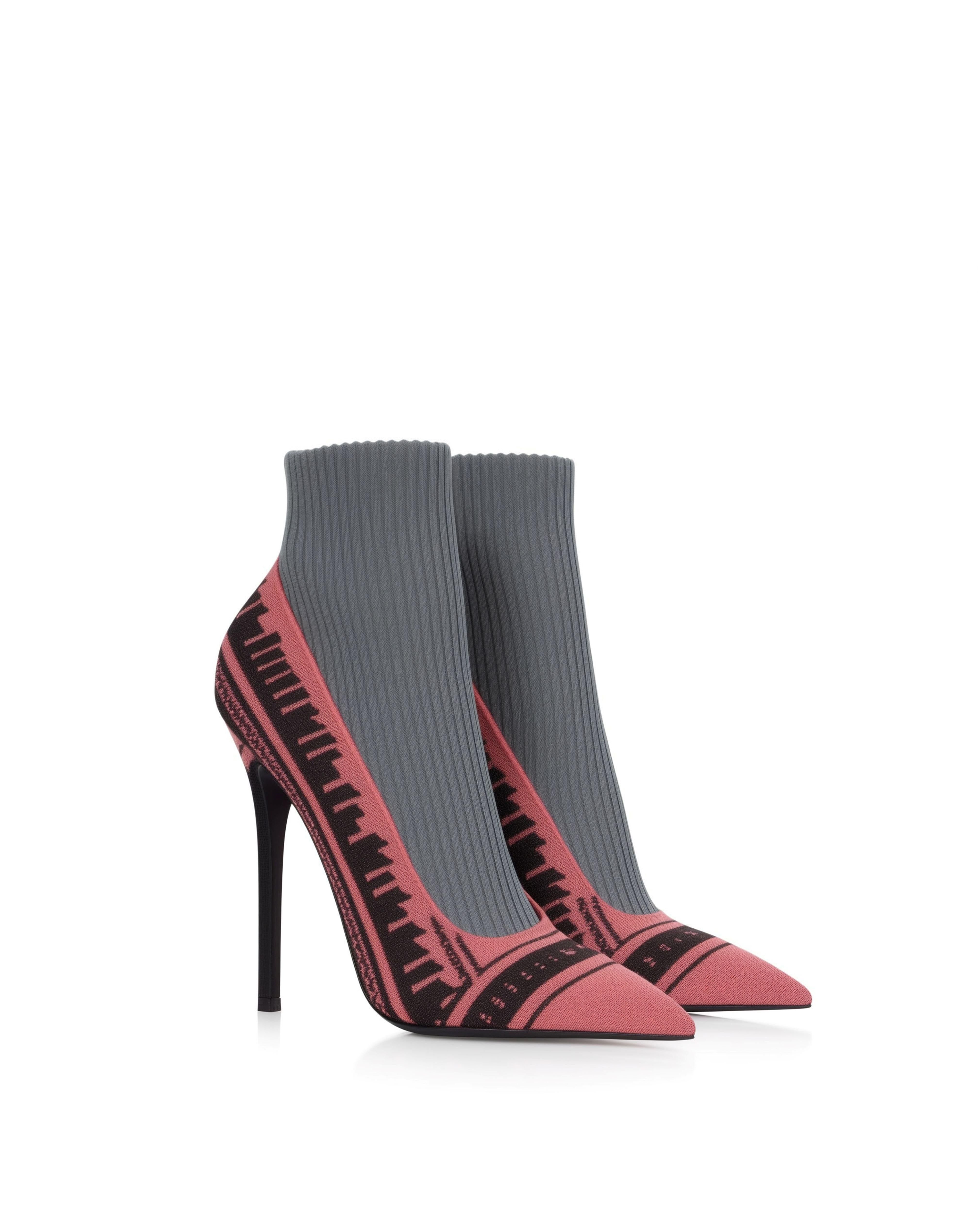 Pink and gray contrast knitted high heel boots sold by JW PEI
