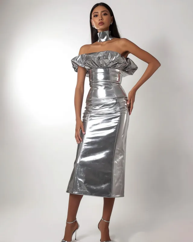 Off-Shoulder Metallic Midi Dress - Silver made by JW PEI