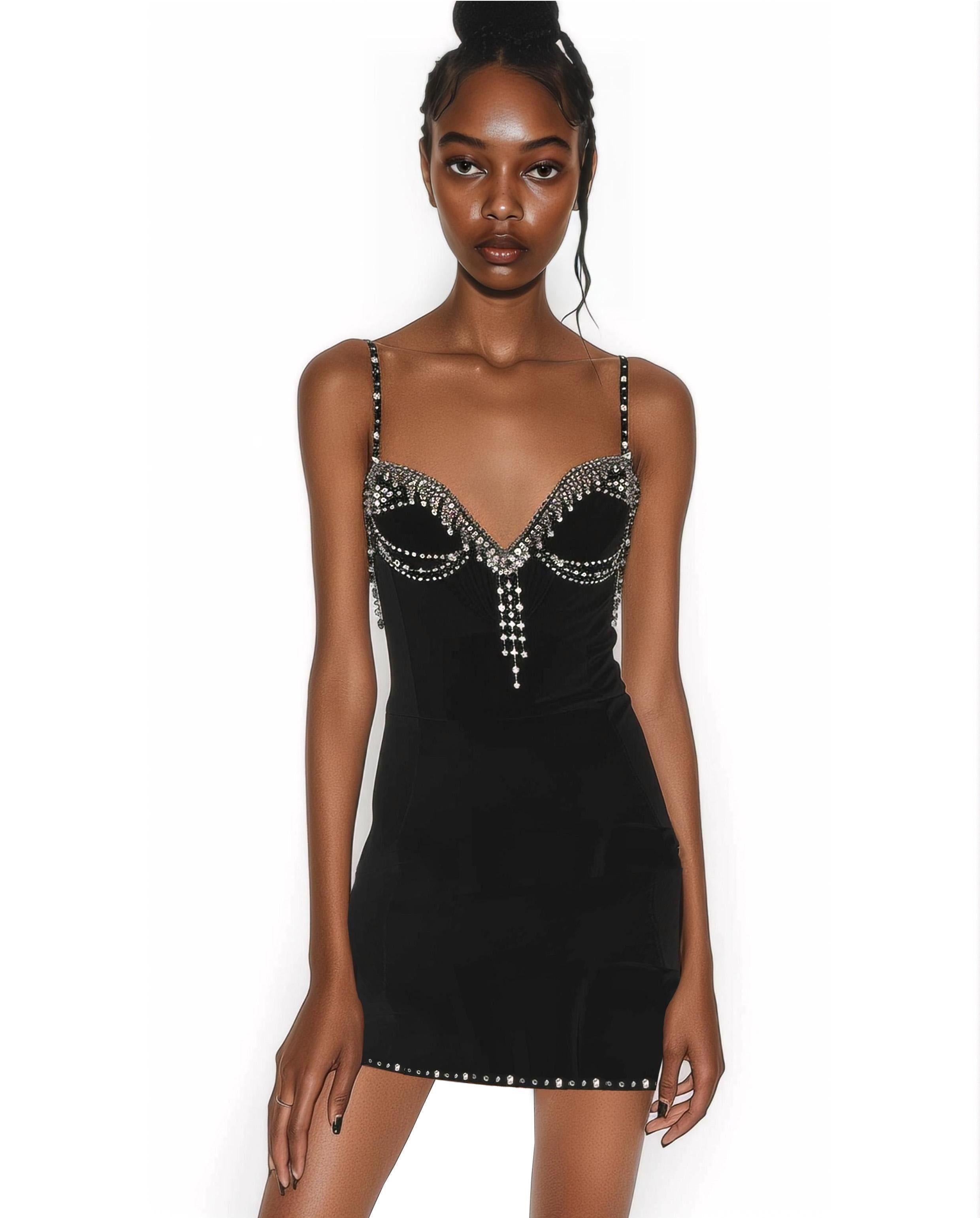 Black Crystals Embellished Sweetheart Neckline Mini Dress sold by JW PEI
