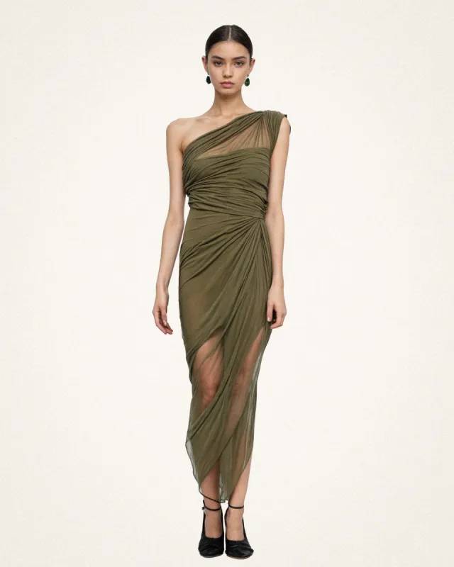 Hazel Draped Sheer Dress - Olive sold by JW PEI