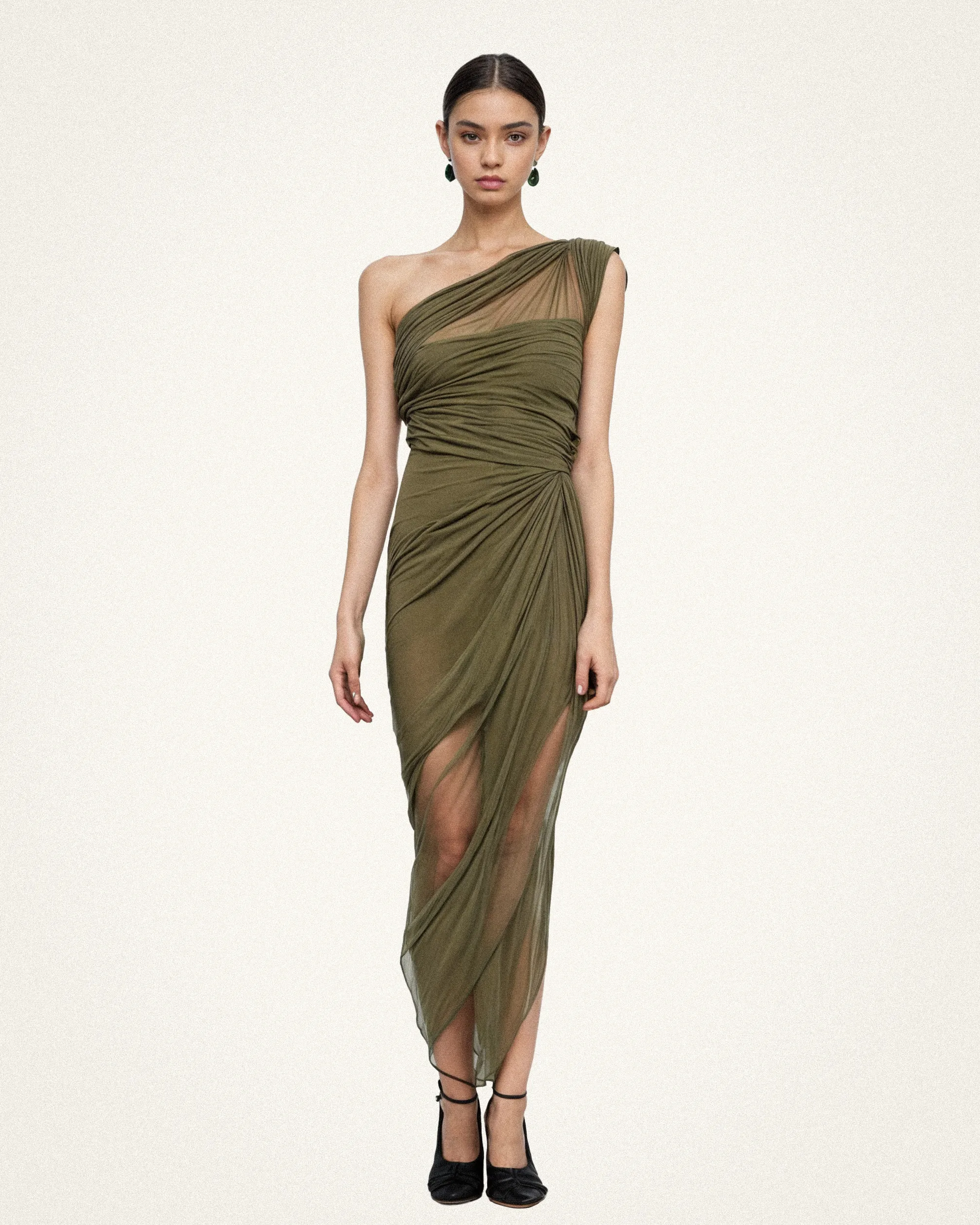Hazel Draped Sheer Dress - Olive sold by JW PEI