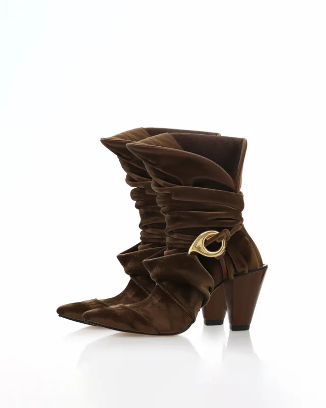 Sophia Velvet Boots with Gold Buckle - Brown sold by JW PEI