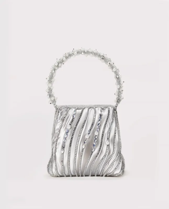 Elegant Pearl Satin Top Handle Bag - Silver sold by JW PEI