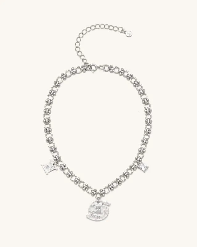 Cosmos Round Multi Charm Necklace - 18ct White Gold Plated & White Zircon sold by JW PEI