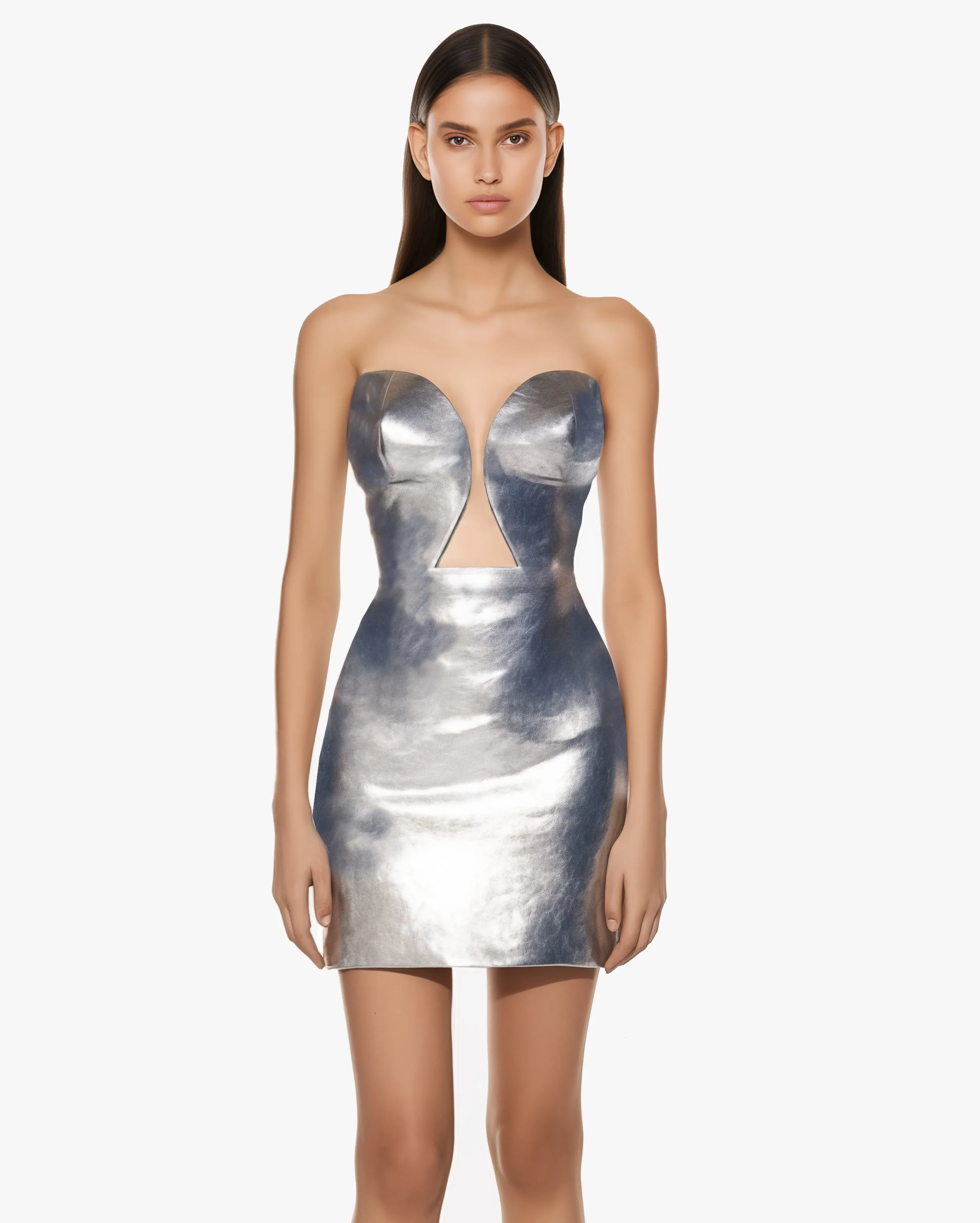 Metallic Strapless Cut-Out Mini Dress - Silver sold by JW PEI