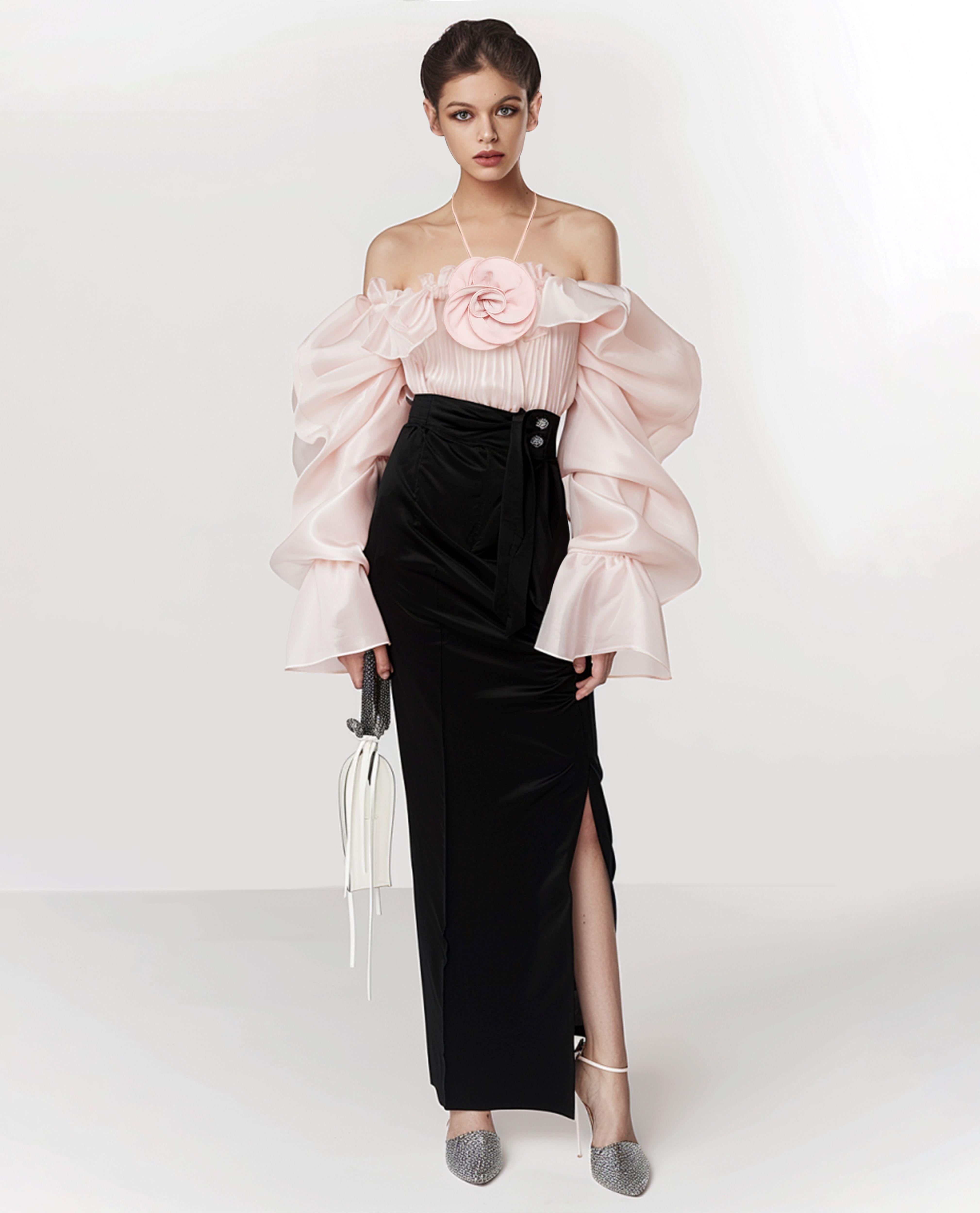 pink floral-appliqué ruffled blouse sold by JW PEI