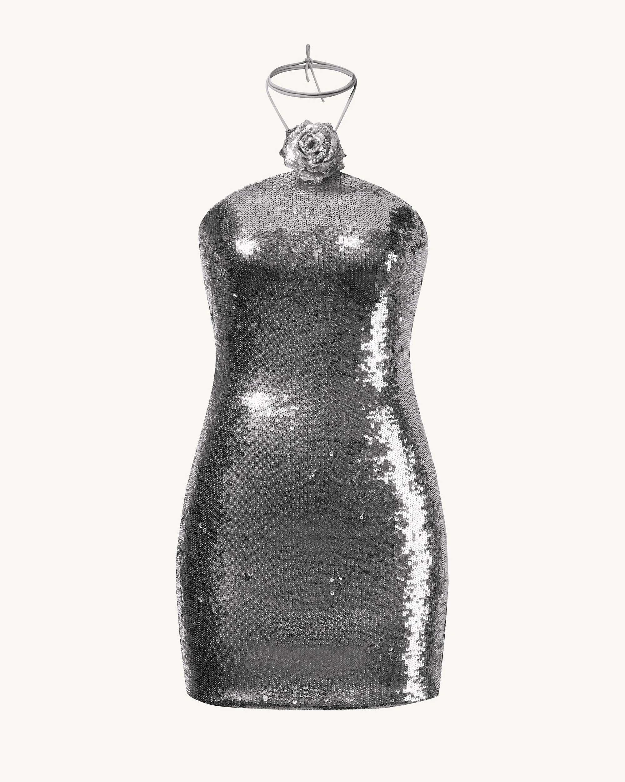 Burgundy Silver Sequinned Halter Mini Dress - Silver sold by JW PEI