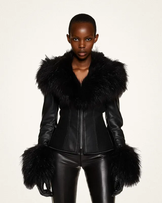 Mia Faux Fur Trimmed Shearling Jacket - Black sold by JW PEI