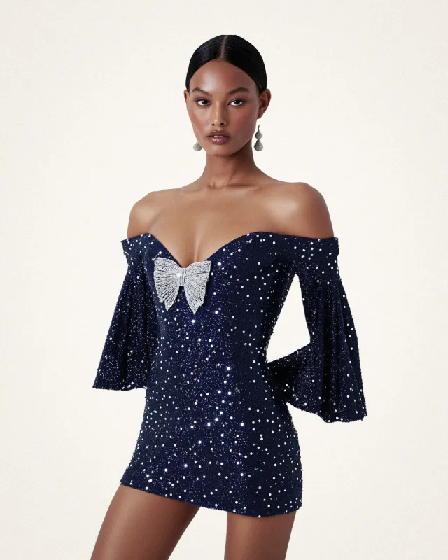 Aria Off-Shoulder Crystal Embellished Dress - Navy sold by JW PEI