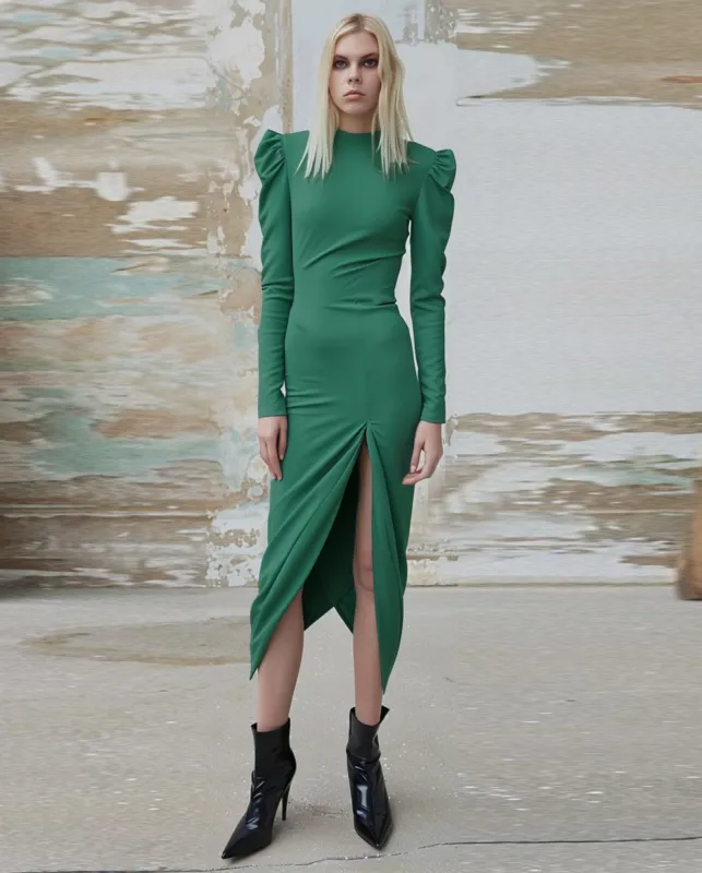 Victoria Puff Sleeve Slit Dress - Green sold by JW PEI