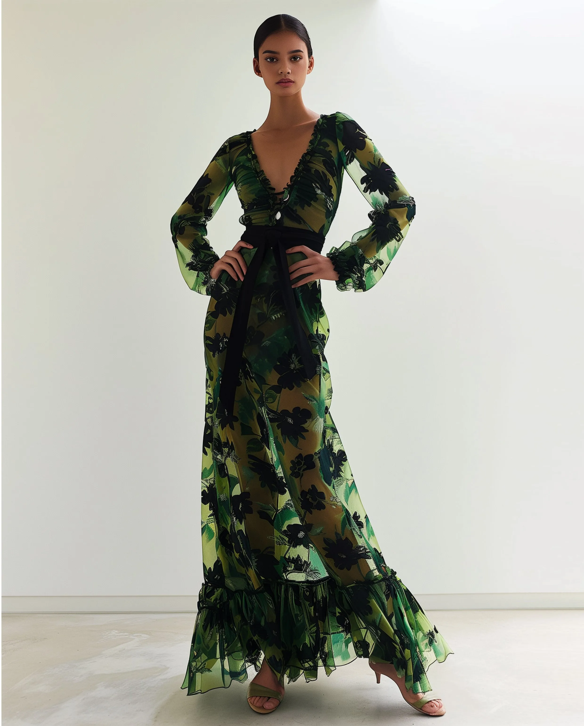 Bella Floral Sheer Gown - Green sold by JW PEI