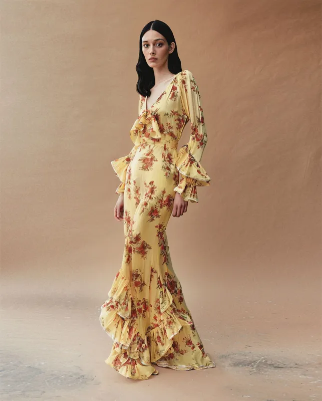 Emily Floral Ruffle Gown - Yellow sold by JW PEI