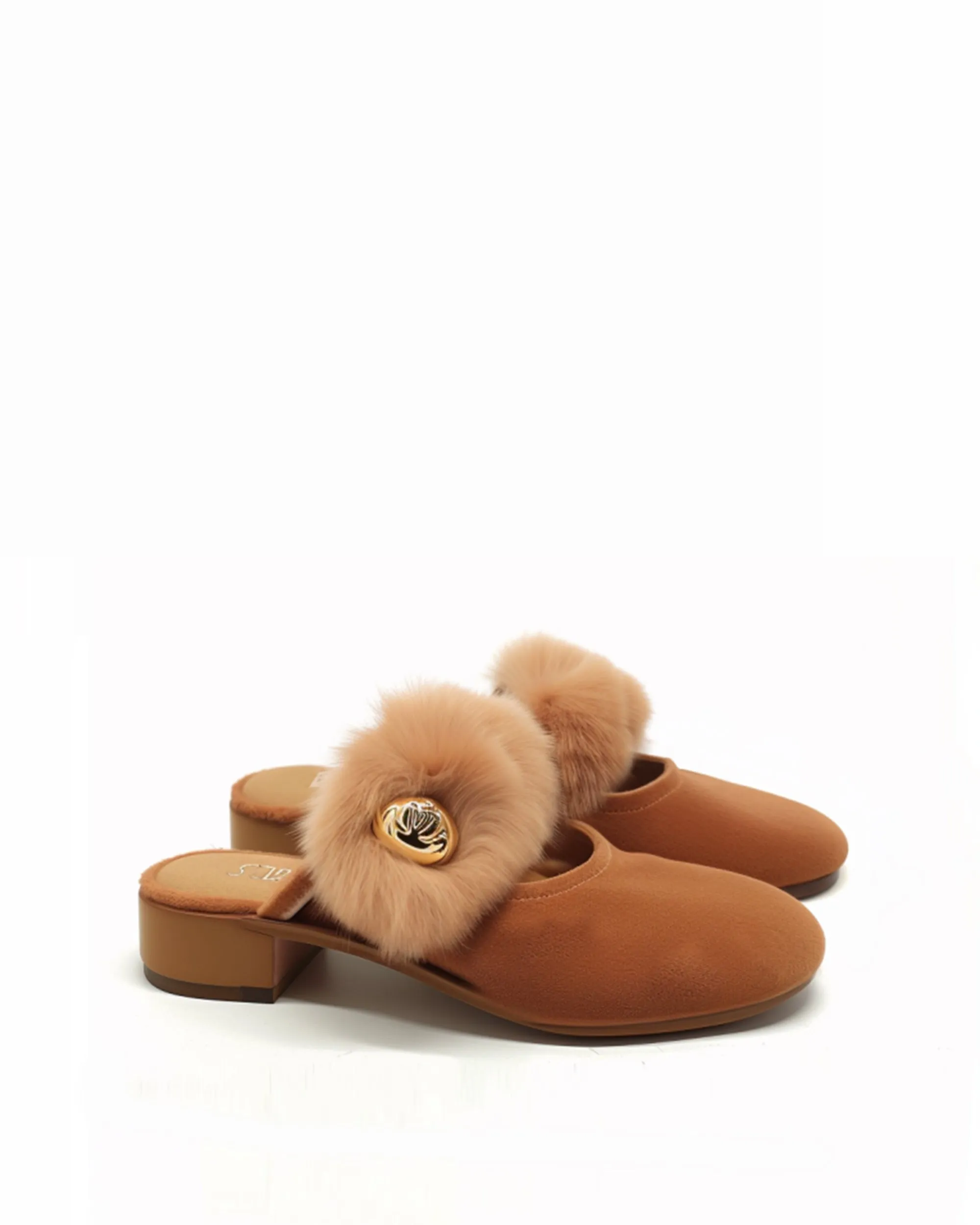 Olivia Suede Fur Mules - Beige sold by JW PEI