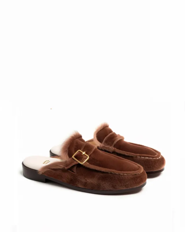 Sophia Fur Buckle Loafers - Brown sold by JW PEI