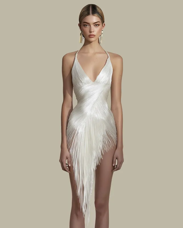 Olivia Fringe Halter Dress - Beige sold by JW PEI