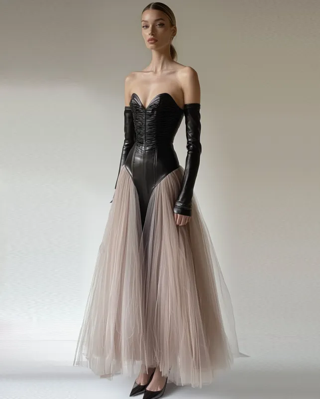 Sophia Leather Corset Tulle Dress - Black made by JW PEI