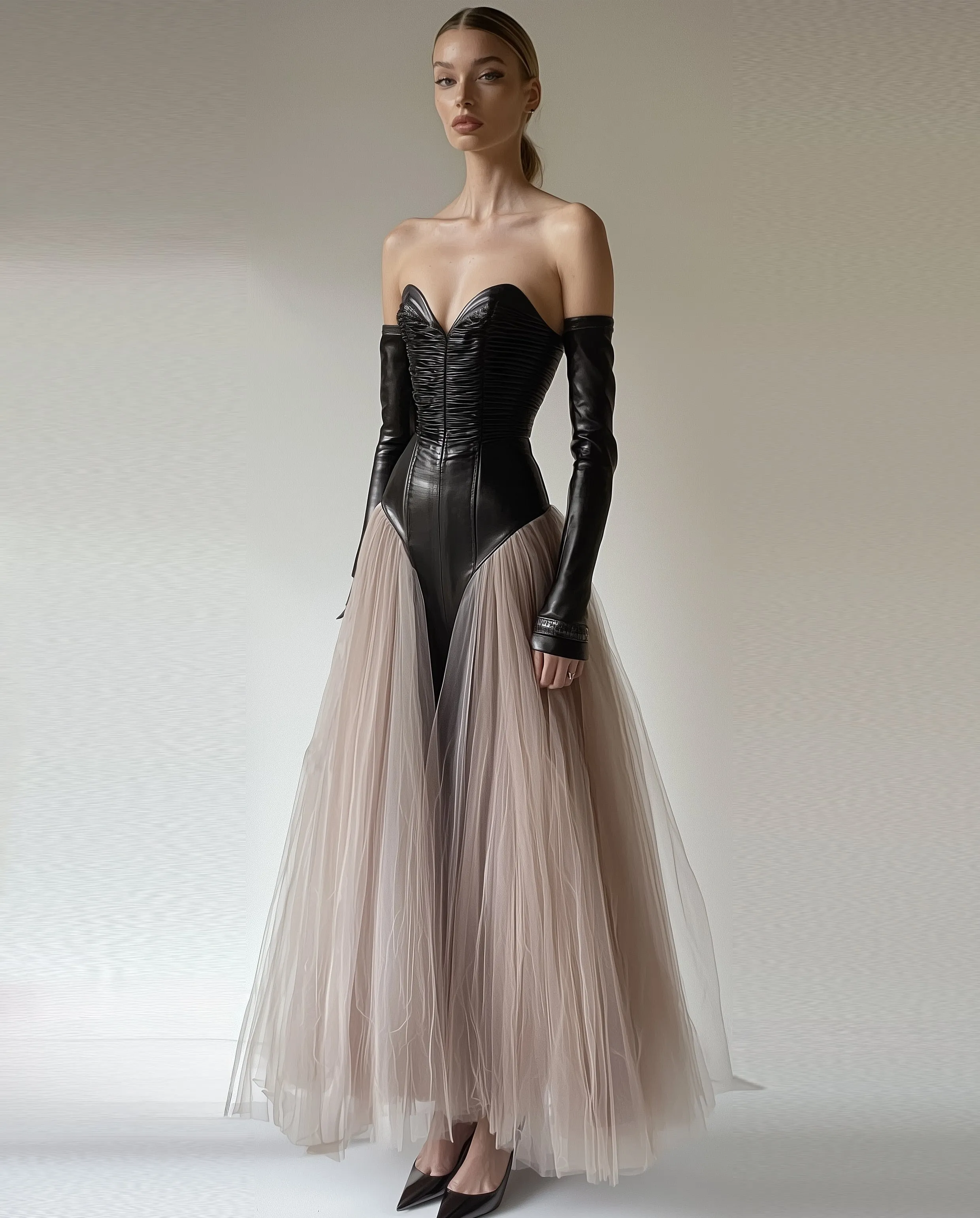 Sophia Leather Corset Tulle Dress - Black sold by JW PEI