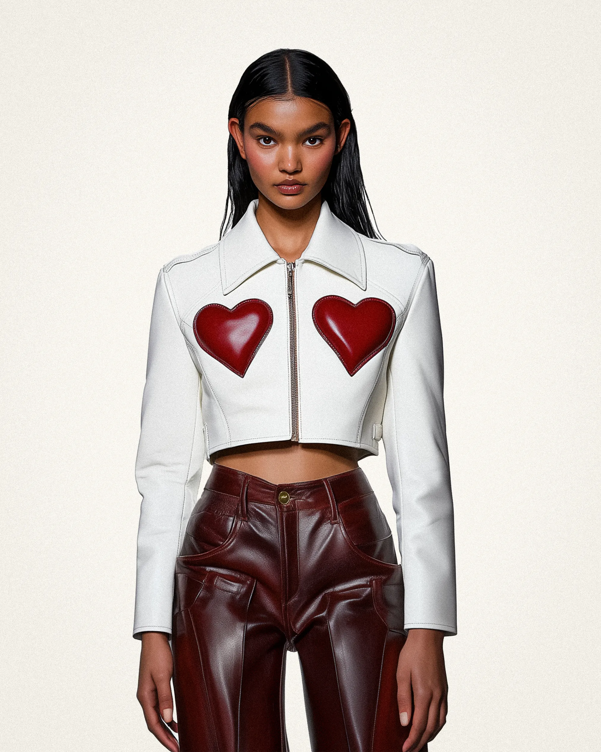 Sophie Cropped Leather Jacket - White & Red sold by JW PEI
