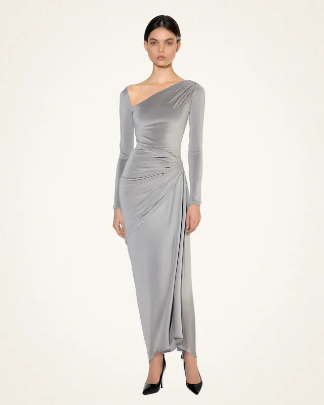 Rachel One-Shoulder Ruched Gown - Grey sold by JW PEI