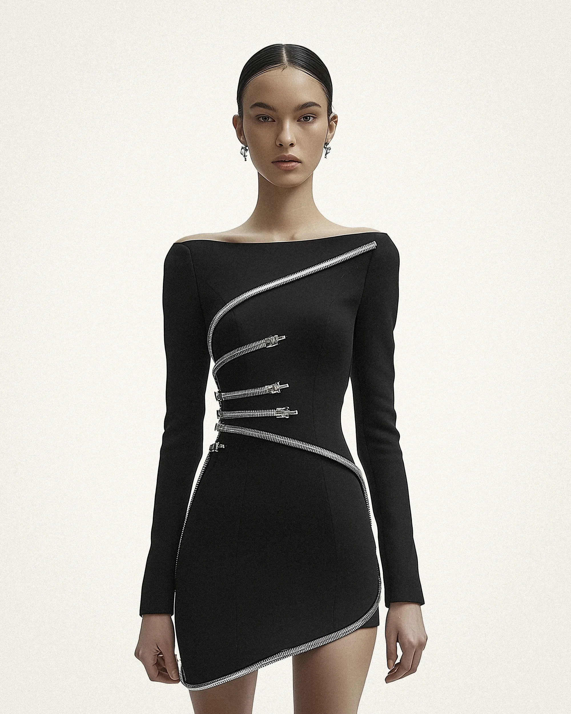 Lily Zipper Detail Long-Sleeve Mini Dress - Black sold by JW PEI