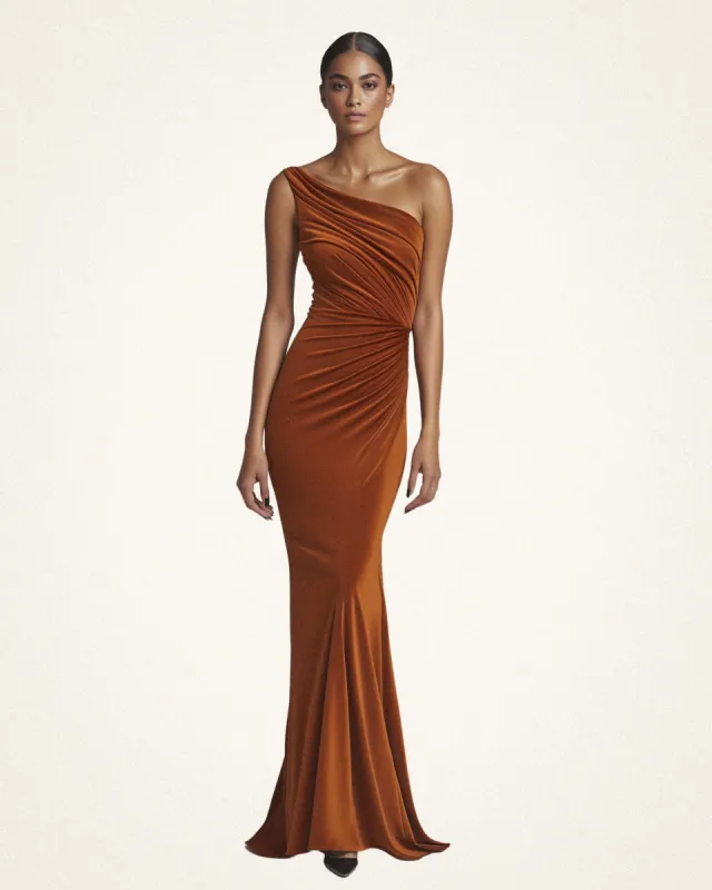 Luna One-Shoulder Ruched Gown - Rust sold by JW PEI