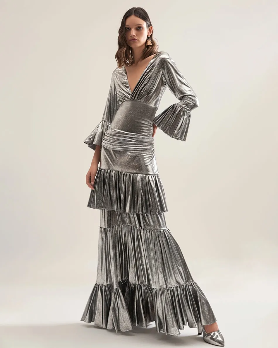 Serena Metallic Tiered Gown - Silver sold by JW PEI