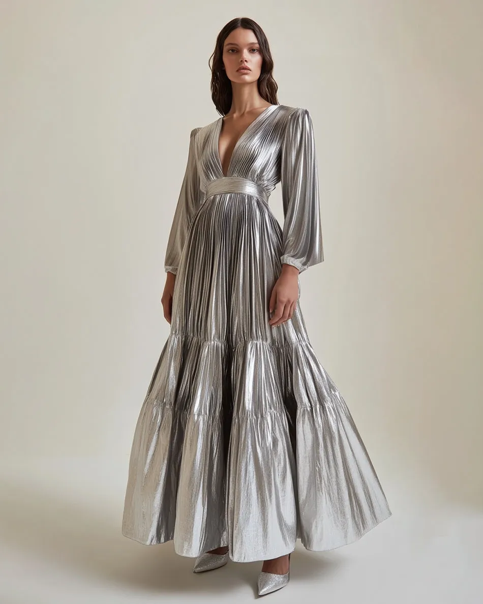 Celeste Metallic Pleated Gown - Silver sold by JW PEI