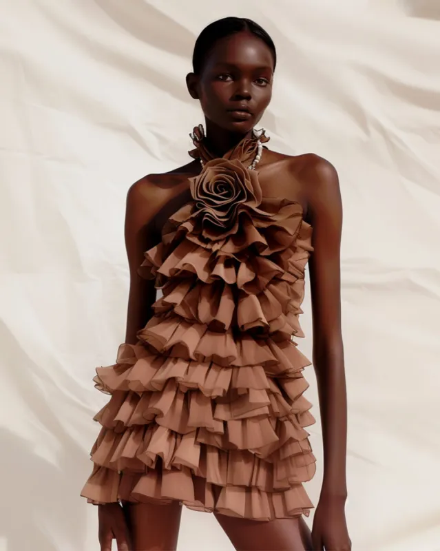 Sophia Ruffle Tiered Mini Dress - Brown sold by JW PEI