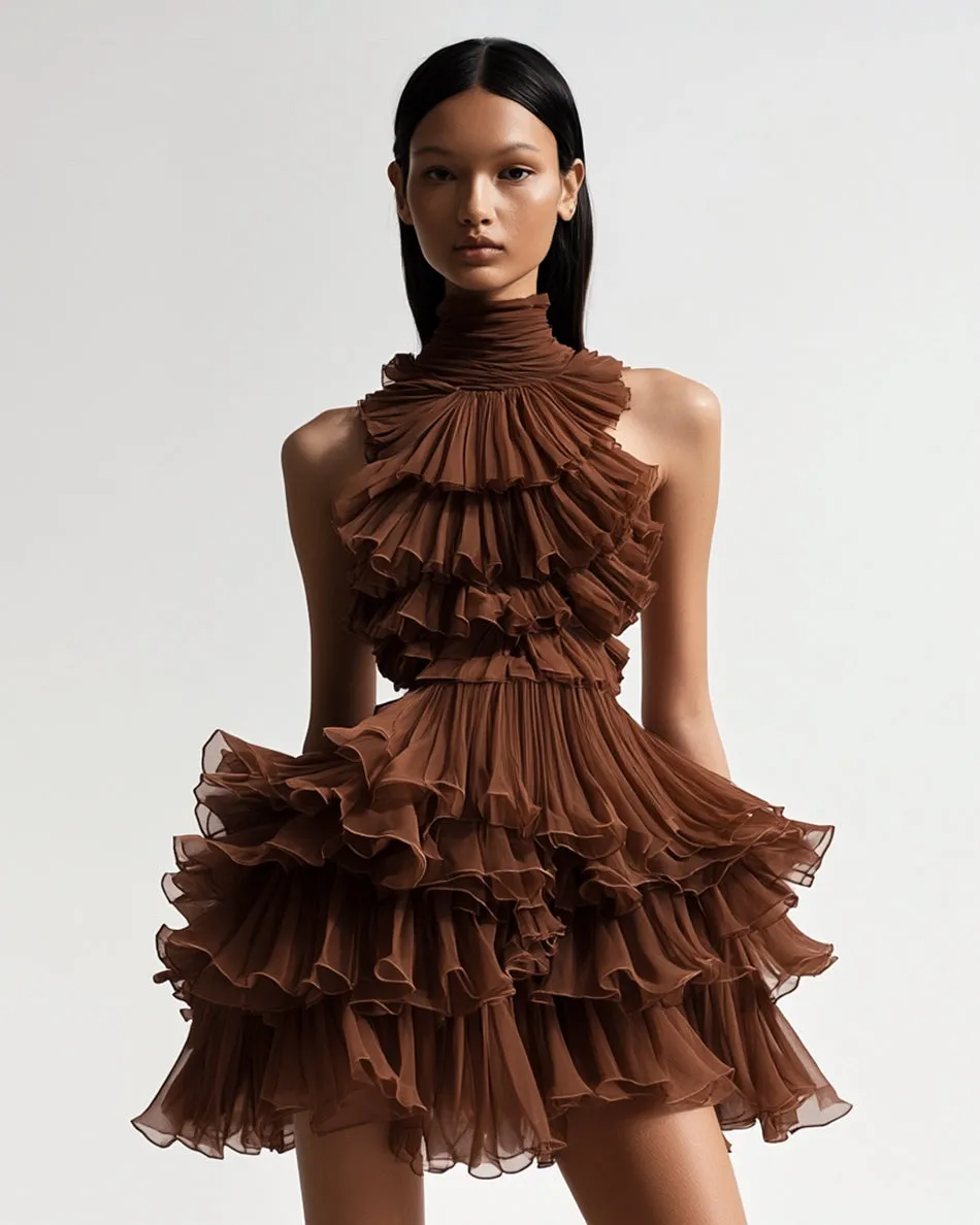 Diana Rose Tiered Halter Neck Dress - Brown sold by JW PEI