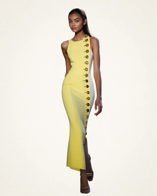 Aurora Buttoned Maxi Dress - Yellow & White sold by JW PEI