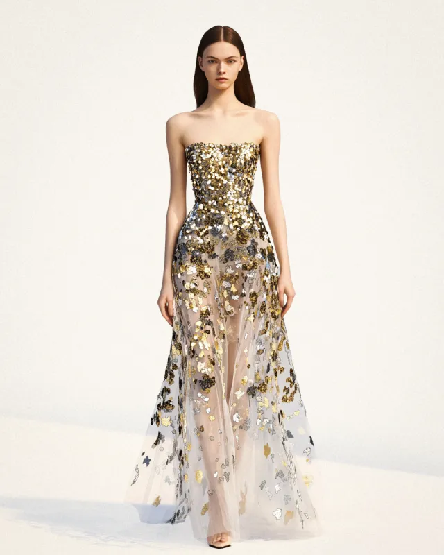 Olivia Floral Sequin Embellished Gown - Gold sold by JW PEI