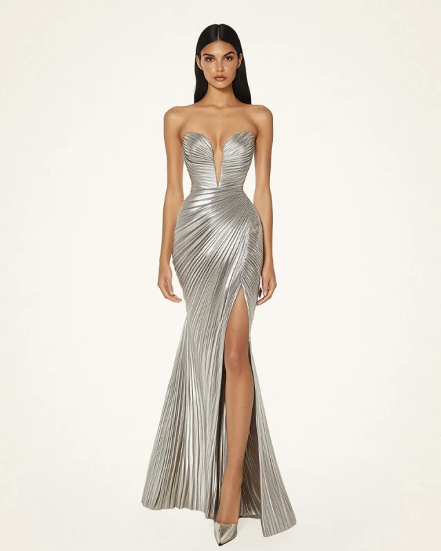 Emma Metallic Ruched Dress - Silver sold by JW PEI