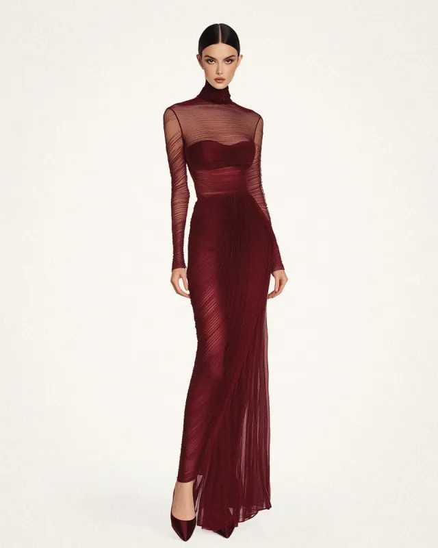 Melanie Sheer Ruched Dress - Burgundy Red sold by JW PEI