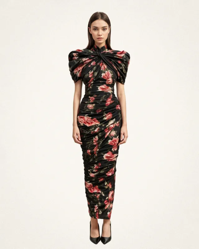 Florence Floral Print Ruched Gown - Black sold by JW PEI