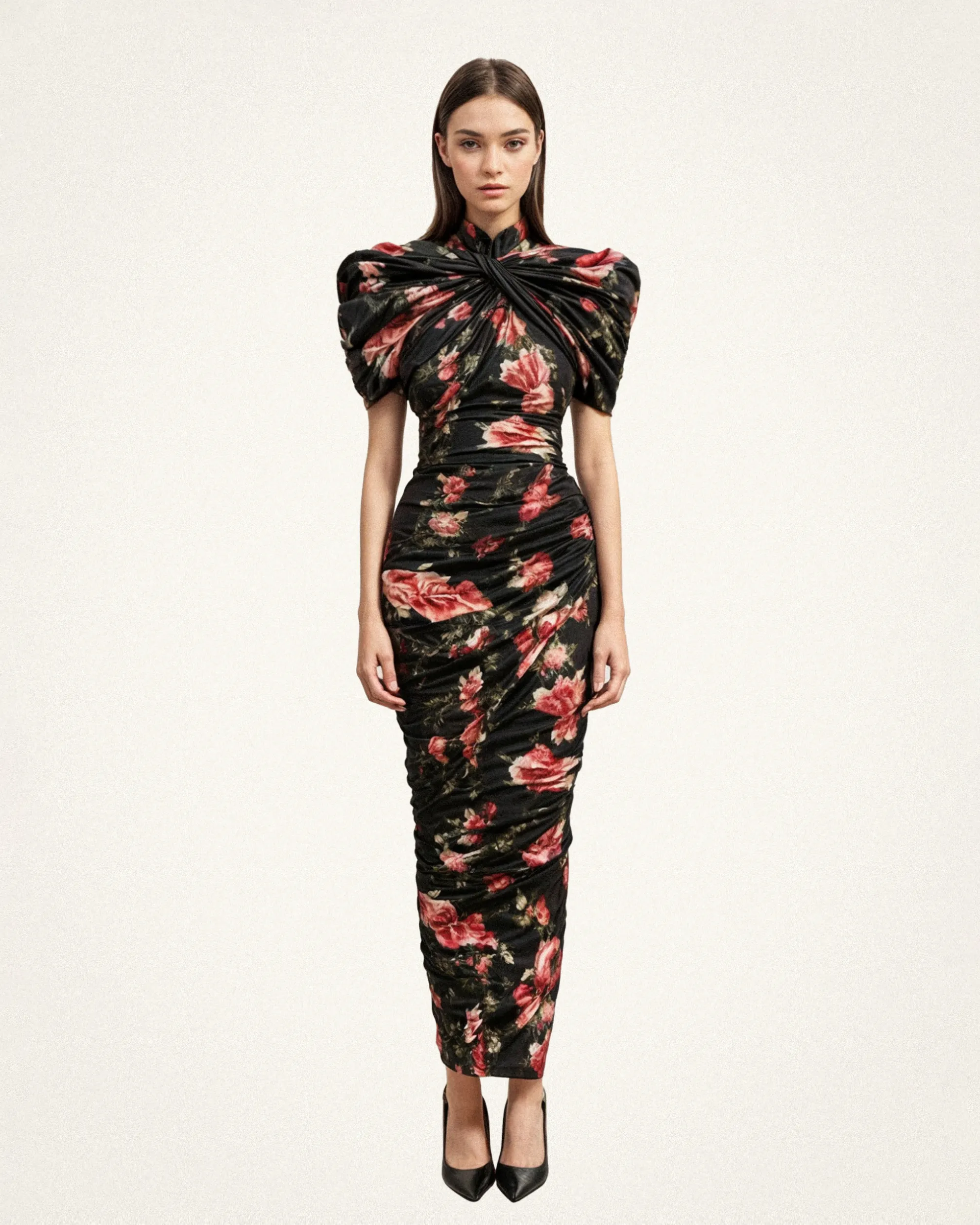 Florence Floral Print Ruched Gown - Black sold by JW PEI