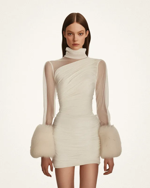 Camille Fur-Cuff Ruched Mini Dress - White sold by JW PEI