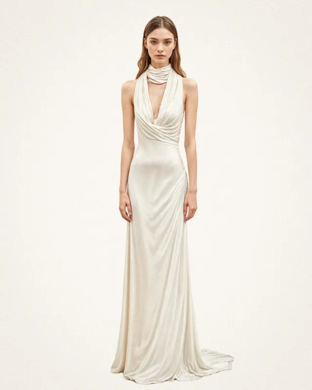 Celeste Draped Halter Neck Gown - White sold by JW PEI