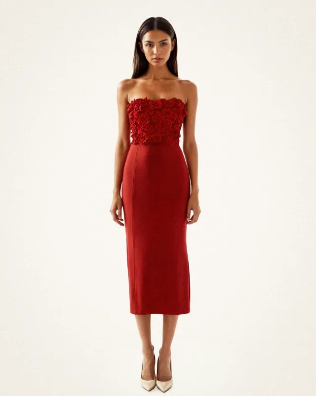 Isabelle Strapless Rose Midi Dress - Red sold by JW PEI