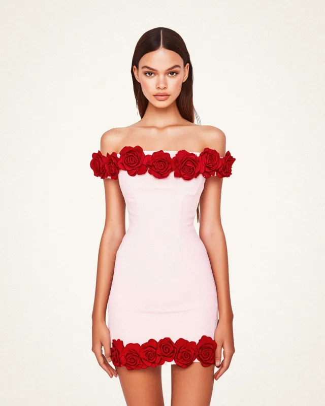 Amelia Rose Off-shoulder Mini Dress - Pink/Red sold by JW PEI