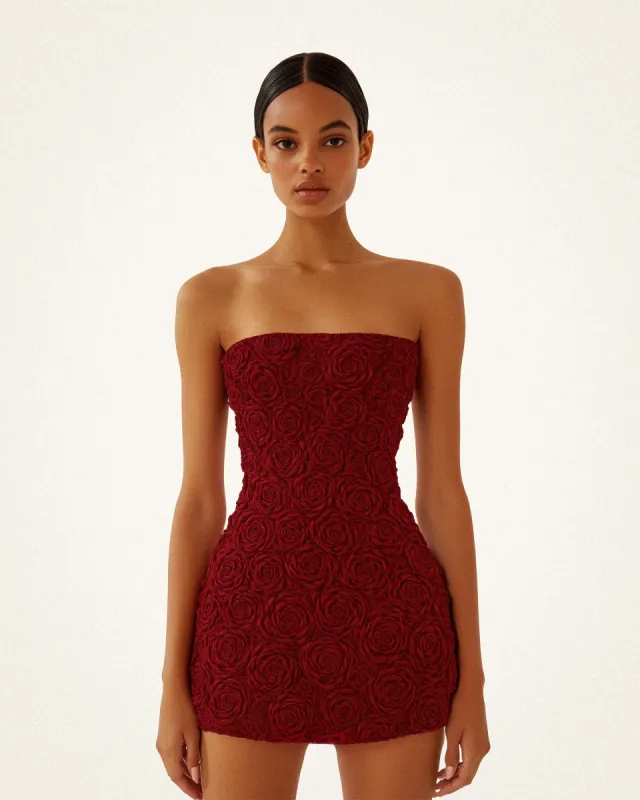 Rosalind Strapless Rose Printed Dress - Cherry sold by JW PEI