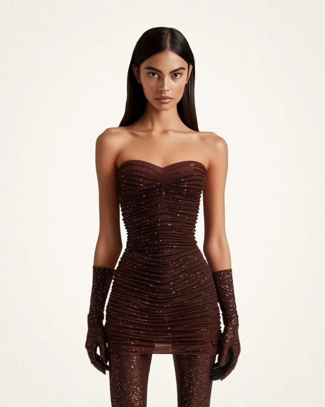 Adriana Sequin Ruched Mini Dress - Mahogany Red sold by JW PEI