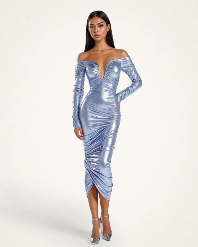 Valentina Metallic Off-Shoulder Gown - Ice Blue sold by JW PEI
