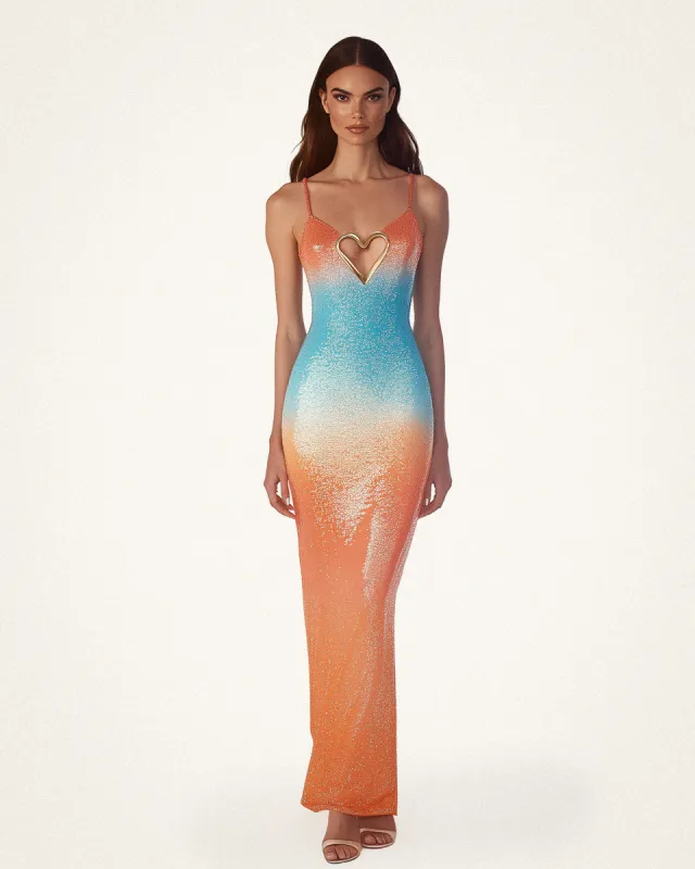 Eliana Metallic Heart Sequin Maxi Dress - Blue/Orange made by JW PEI